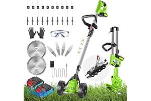 TVDUGIM Cordless Weed Wacker, Electric Weed Eater Battery Grass String Trimmers Lawn Mower Tool Lawn Grass Edger Adjustable Foldable Stick w/Wheels Battery Level Indication 2.0Ah