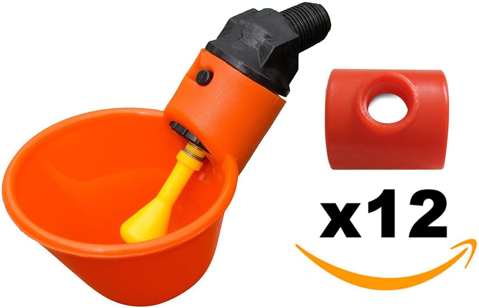 12 Pack - Automatic Poultry Waterer Chicken Drinker Cups with PVC Mount - Watering System for Backyard Flock - Mounting Hardware Included (Orange)