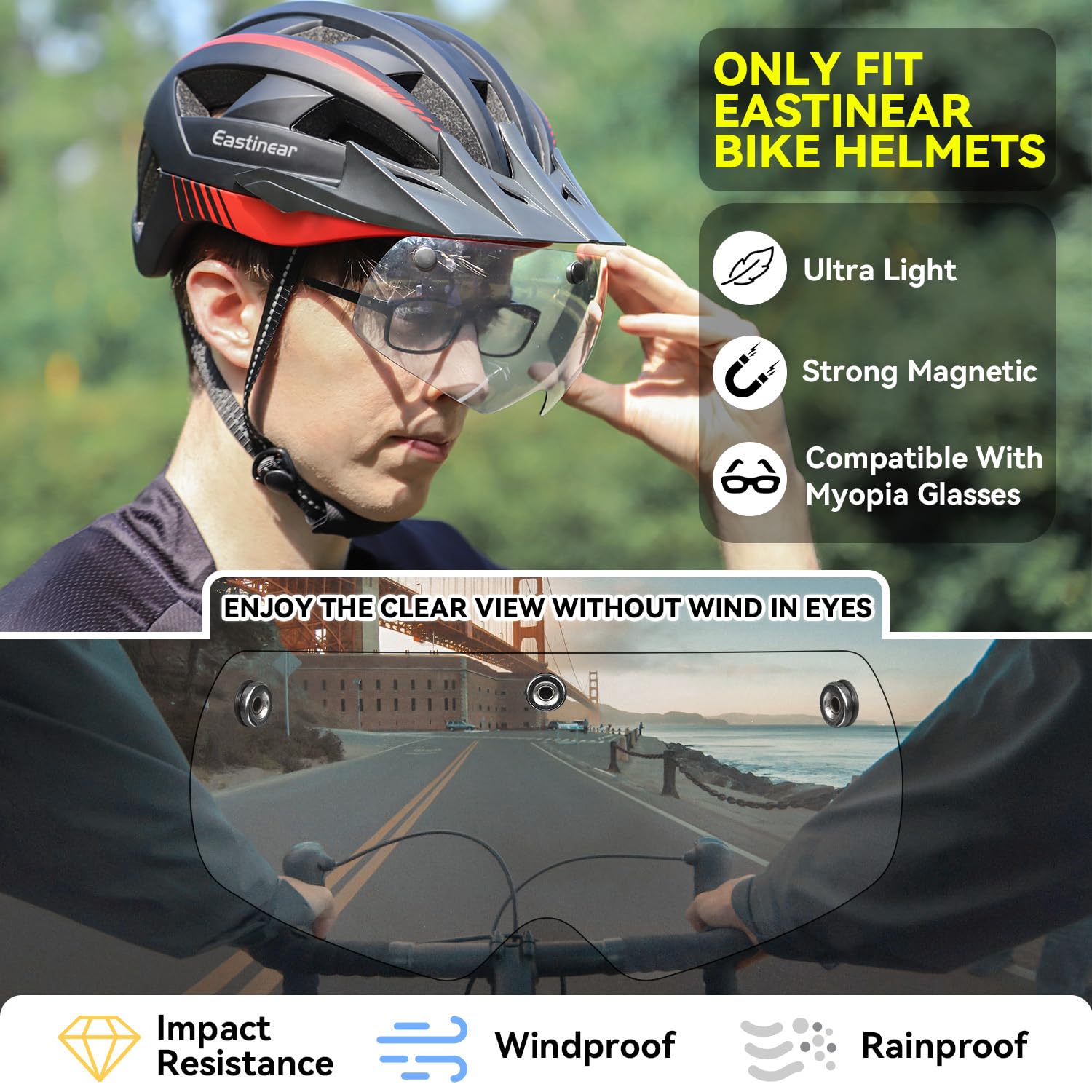 EASTINEAR Magnetic Goggles for Bike Helmets Detachable Visor for Bicycle Helmet Removable Sun Shield for Cycling Helmet