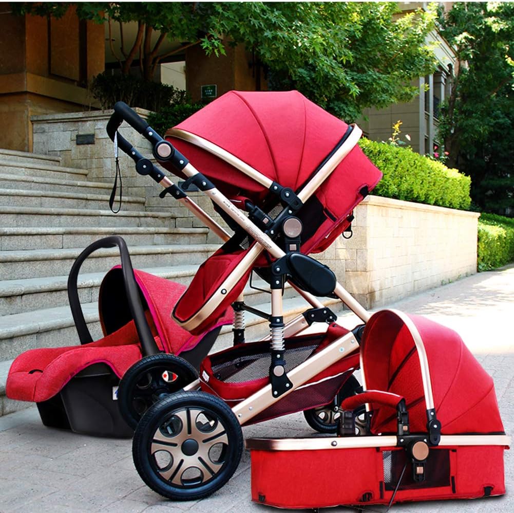 Four-Wheeled Stroller Shockproof Travel System Stroller Safety Foldable (Red)