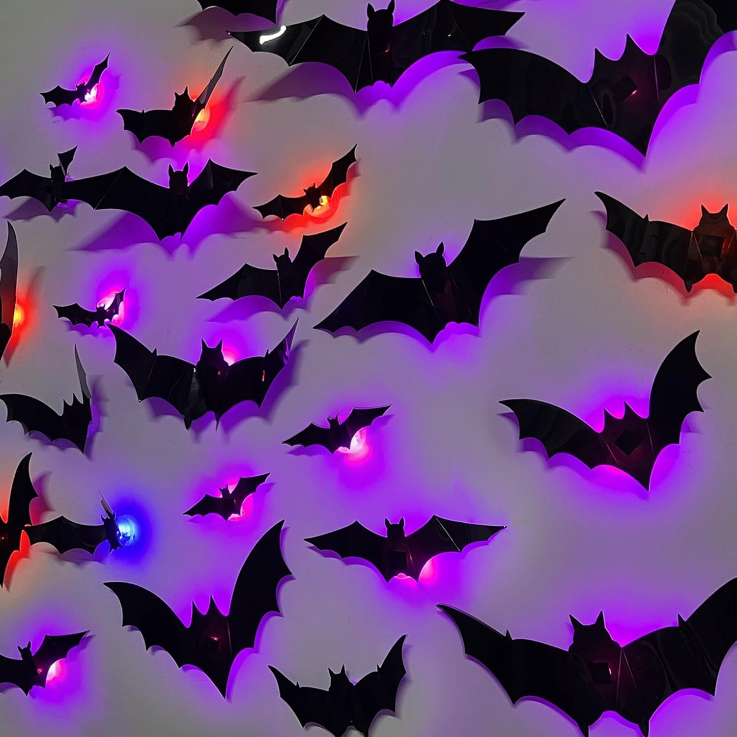 Photo 1 of 2025 New Halloween 3D Lighted Bats, LED Purple Lighted 3D Bats Halloween Decoration, Upgrade LED Glowing Bat Group Hanging Wall Luminous Glow Clings Multipack (24Pcs Black)