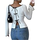 RoseSeek Women's Bowknot Down Ribbed Knit Top Crew Neck Long Sleeve T Shirts Elegant Tops