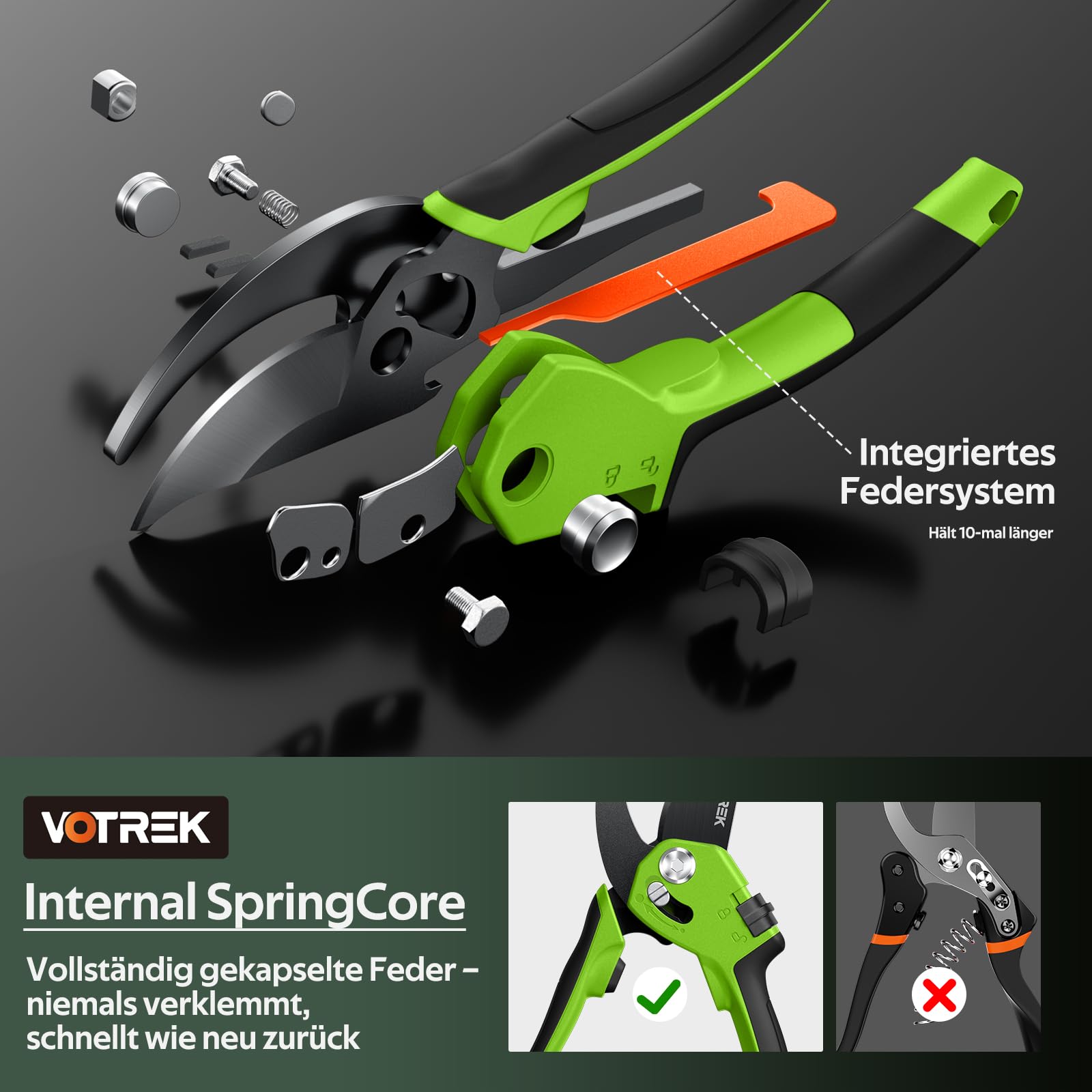 VOTREK 8,5" Bypass-Gartenschere mit stufenloser Grifföffnung, Profi-Rosenschere & Baumschere mit SK5-Stahl und interner Feder für müheloses Schneiden – ideal bei schwacher Handkraft.【Armband】 Geschenk 8