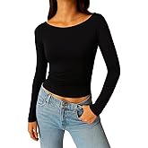ForeFair Long Sleeve Going Out Top - Women Shirt Boat Neck Double Lined Crop Tight Ruched T Shirts