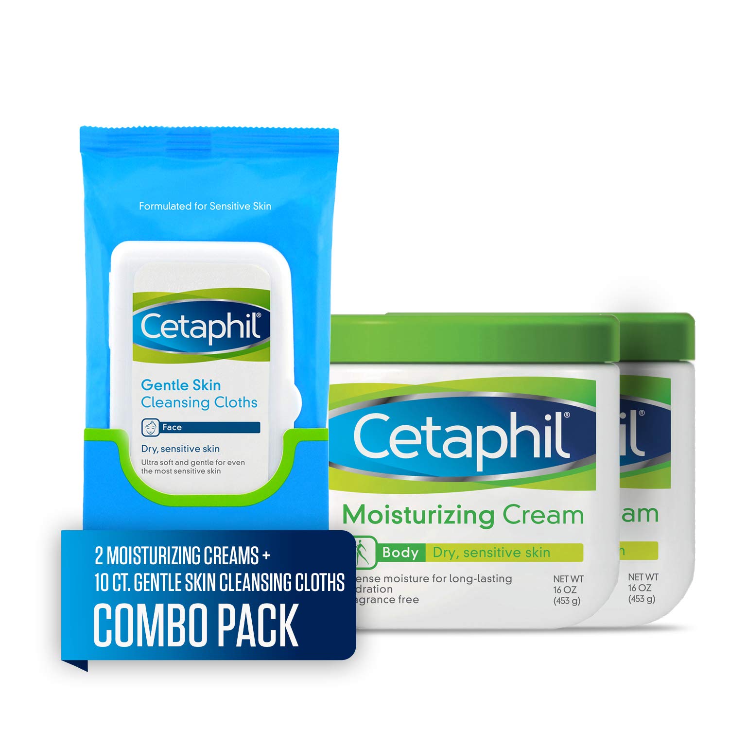 Cetaphil Moisturizing Cream, Two 16 Ounce Jars, plus 10 Count Cetaphil Gentle Skin Cleansing Cloths, Dry, Sensitive Skin (Combo Pack): Beauty