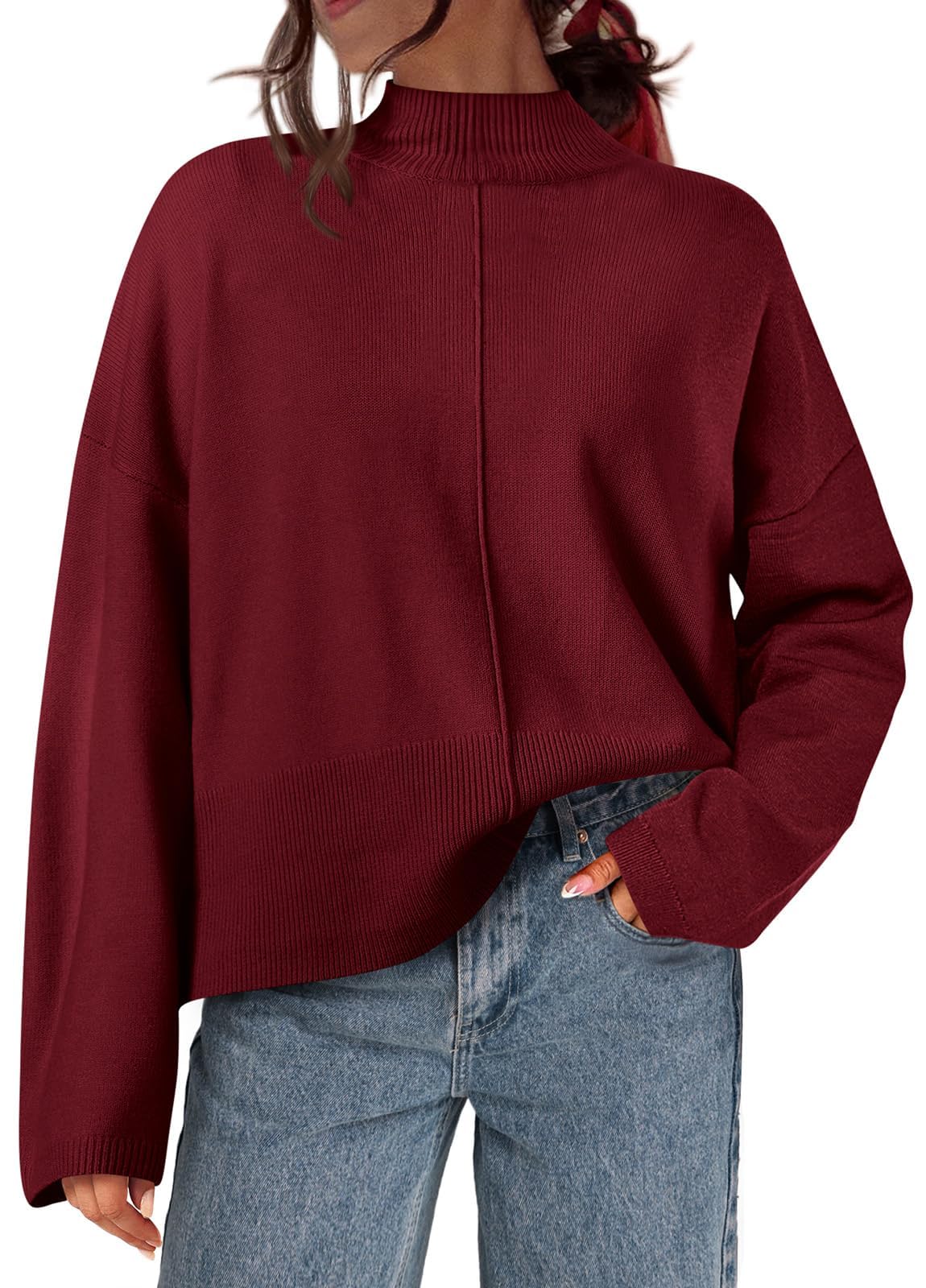 Photo 1 of PRETTYGARDEN Womens Sweaters Fall 2024 Long Sleeve Ribbed Knit Pullover Loose Mock Neck Lightweight Casual Sweater Tops (Wine Red, Large)