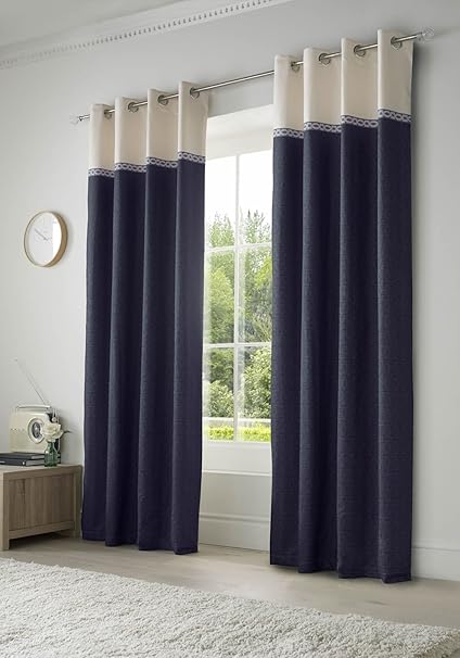 Ideal Textiles Toronto Lined Eyelet Curtains Ring Top Navy