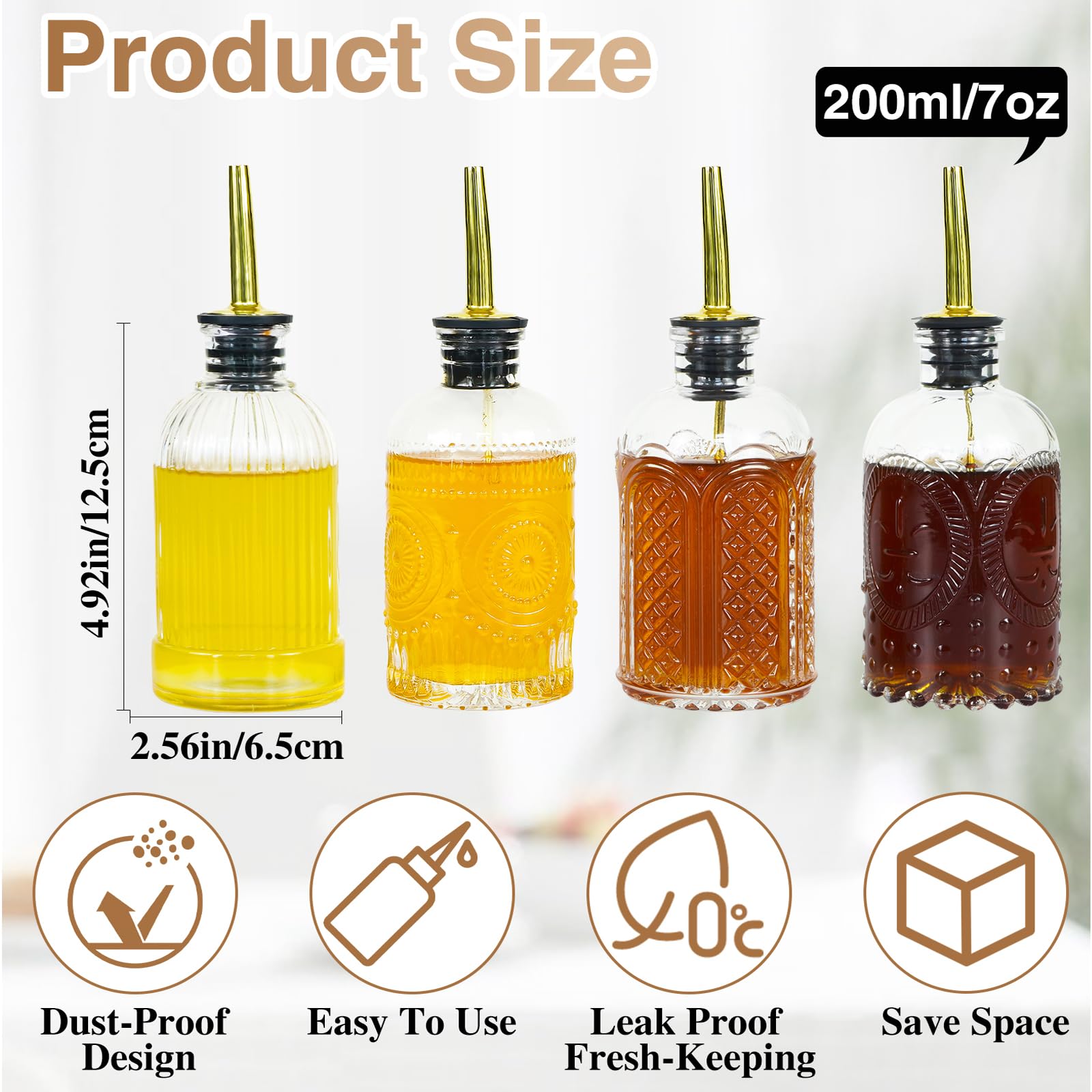Coffee Syrup Dispenser Bottles Set 4 Pcs, 7oz/200ml Coffee Bar Accessories with Metal Pour Spout, Simple Syrup Bottles for Coffee Syrups, Honey, Condiments, Olive Oil, with Label, Funnel, Cork, Brush