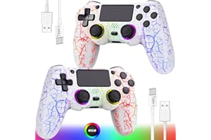 GamingBoy Light-up Wireless Controller for PS4/PC, 2 Pack White Crack Design Remote Control for Ps4 with RGB Light,Hall Effect Joystick,1000mAh Battery,Vibration,6-Axis Sensor,Audio Jack,Type-C Port