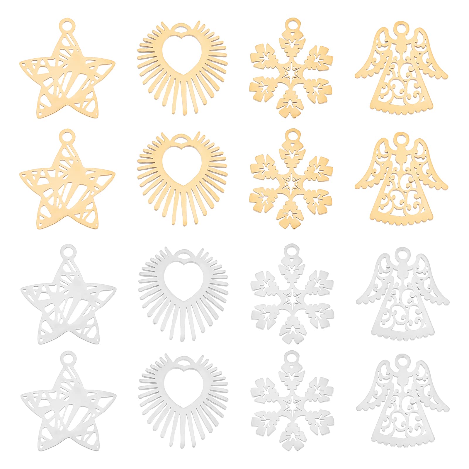 DICOSMETIC 16pcs 4 Styles 2 Colors 201 Stainless Steel Christmas Snowflake Charms Star Pendants Angel Charms Heart Pendants Laser Cut Pendants with Loop for Jewelry Making,Hole:1mm/1.4mm