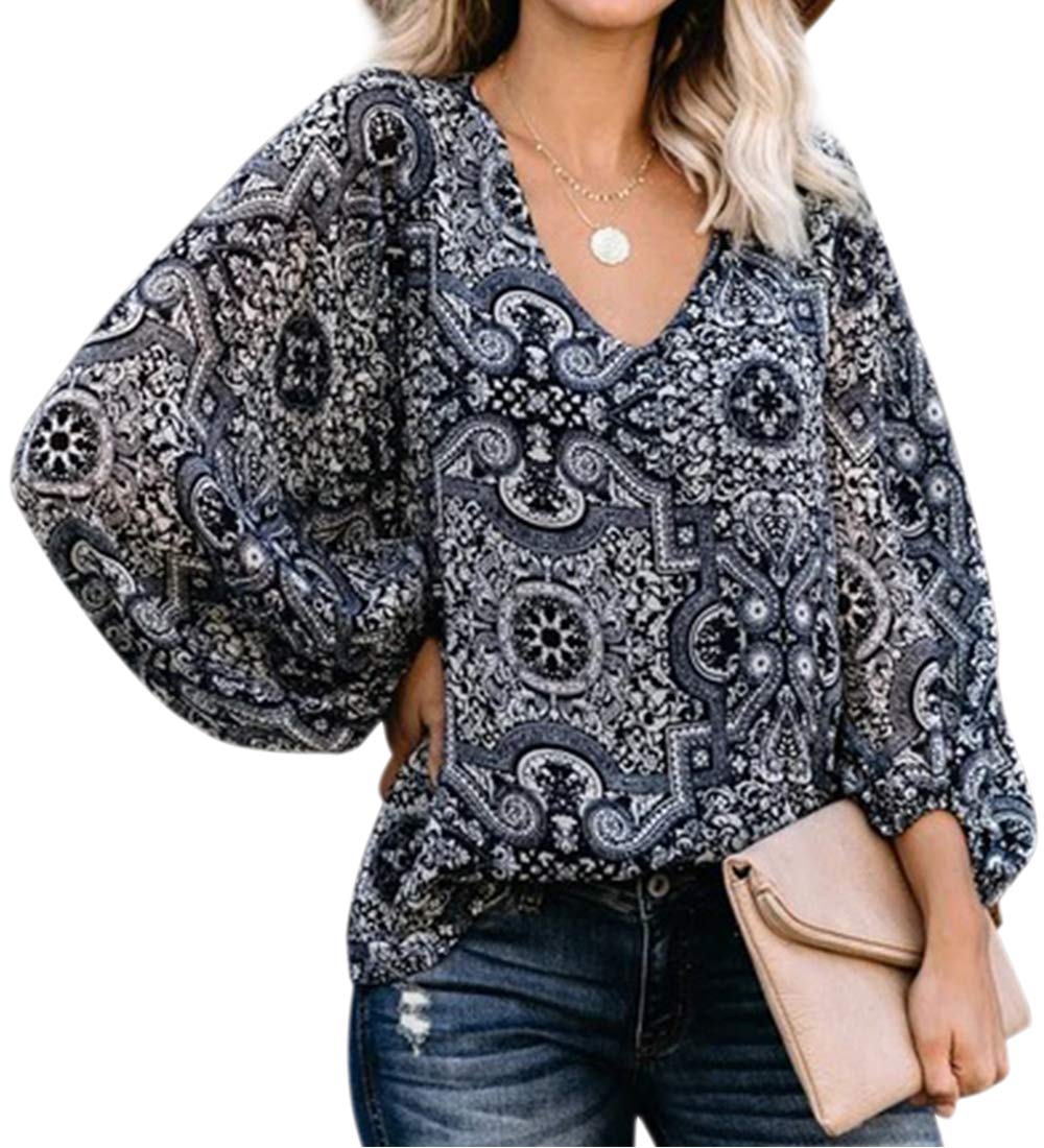 BABEIYXM Women\'s V Neck Boho Tops Balloon Sleeve Chiffon Blouses Paisley Print Casual Work Shirts M