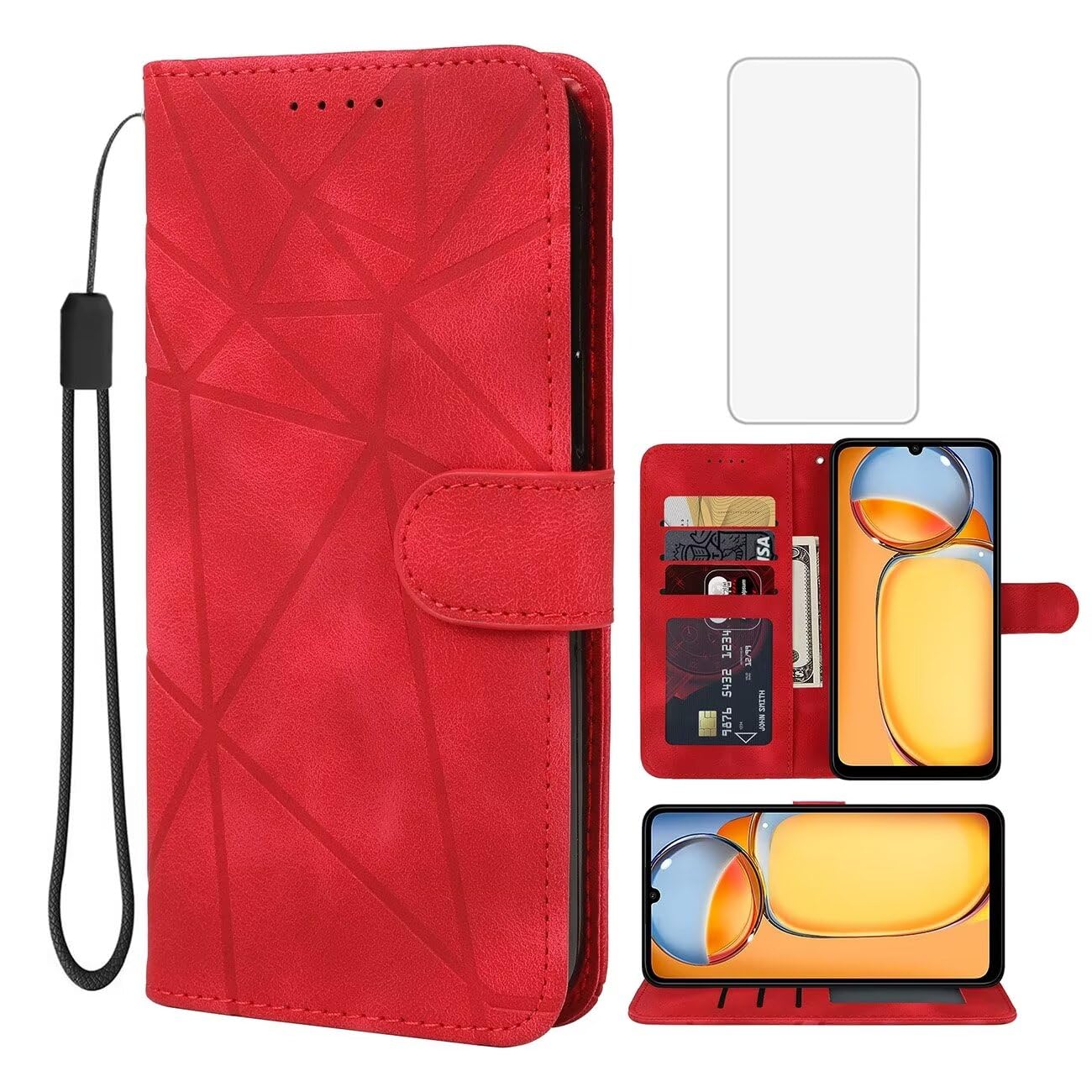 Wanyuexes Case for Redmi 13C 4G/5G & Poco C65, Leather Flip Wallet Case with Kickstand, Card Holder, Screen Protector, Red