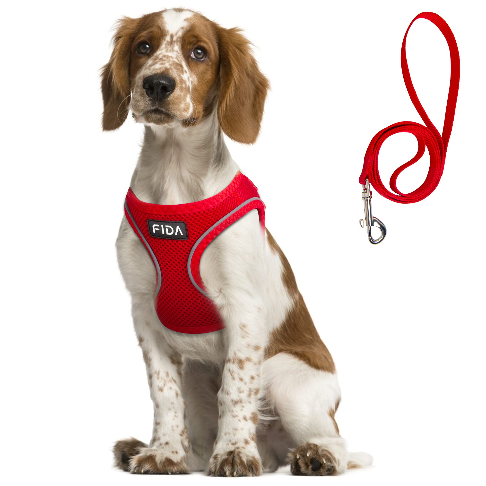 Fida Step-in Flex Dog Harness with Dog Leash, Soft Puppy Vest - All Weather Mesh, Step in Adjustable Harness for Tiny Dog or Cat (L, Red)