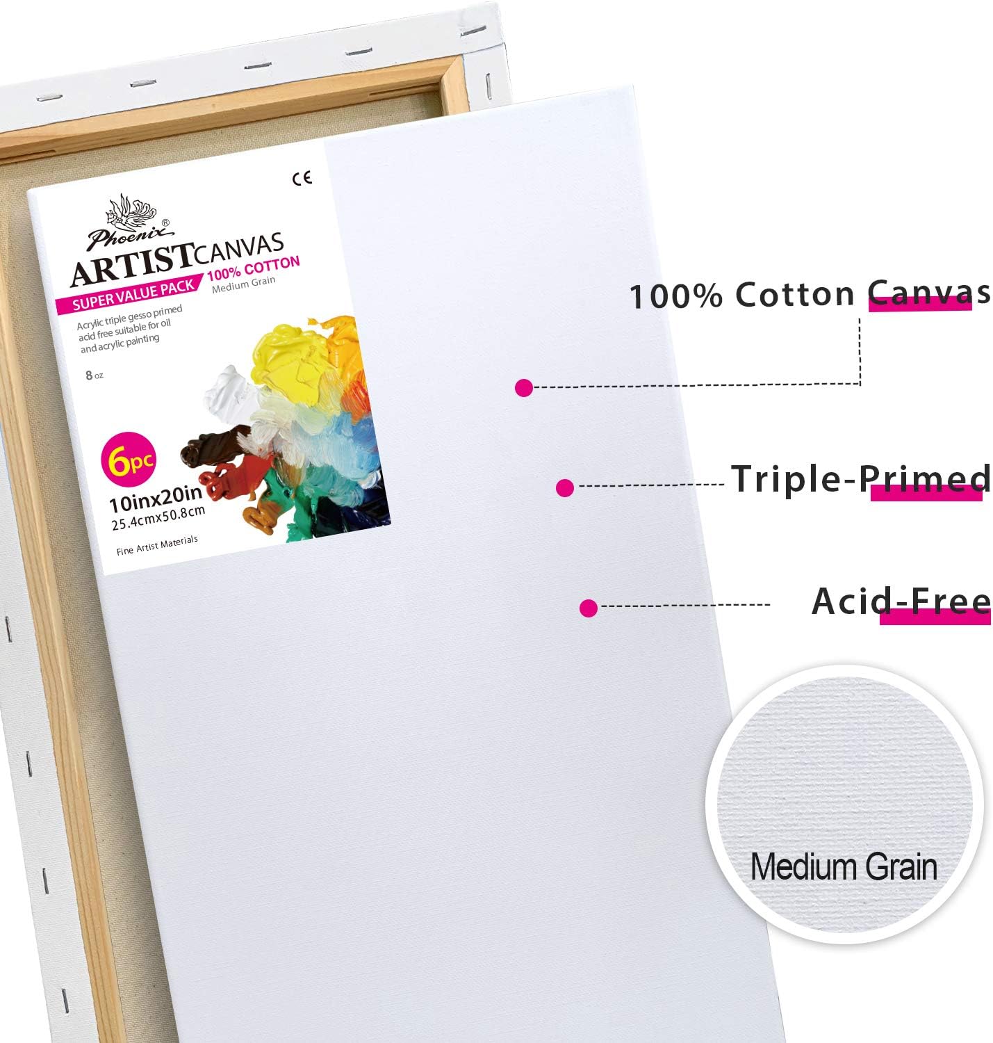 PHOENIX White Blank Cotton Stretched Canvas Artist Painting - 10x20 Inch / 6 Pack - 5/8 Inch Profile Triple Primed for Oil & Acrylic Paints: Arts, Crafts & Sewing