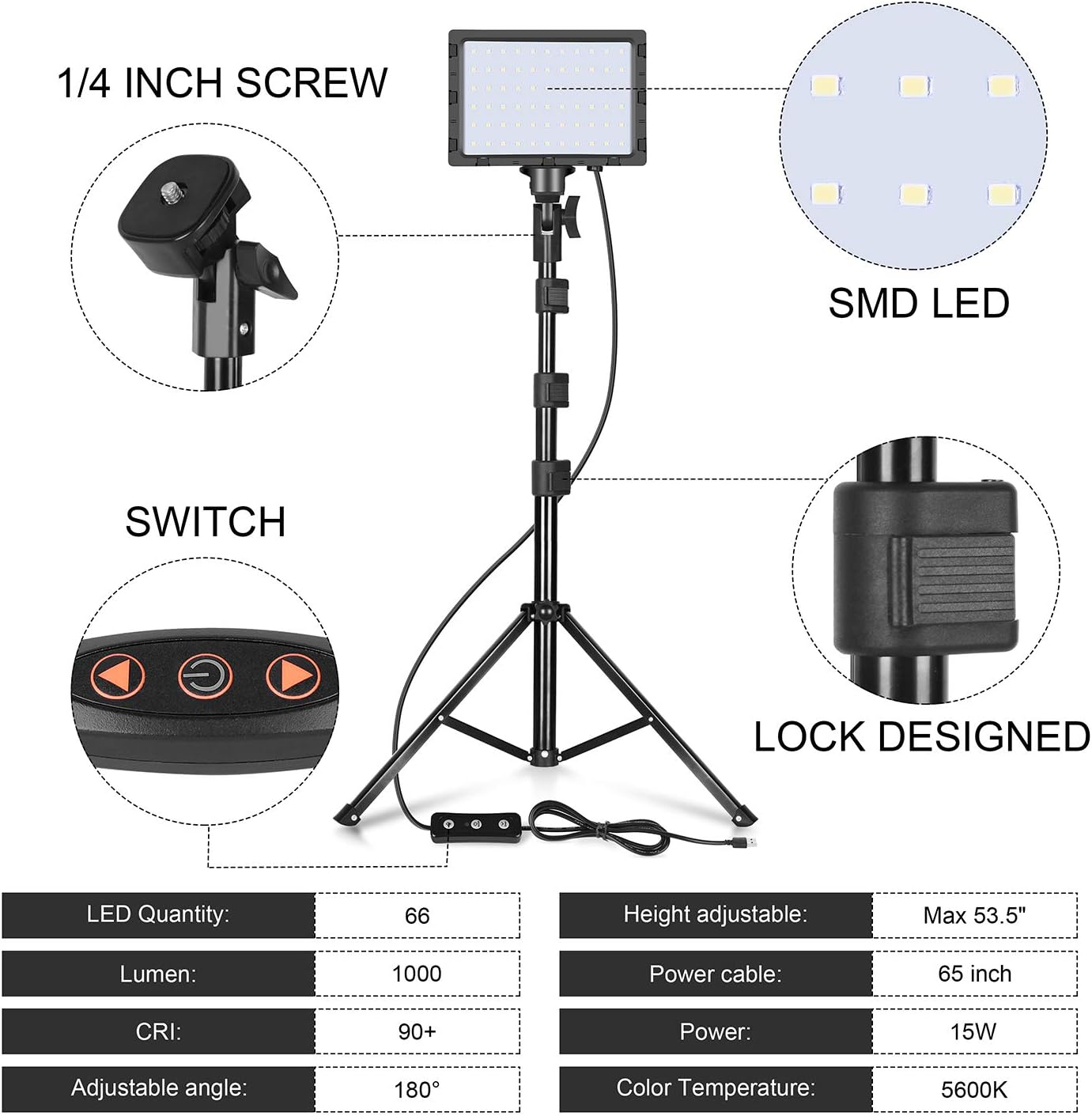 Emart LED Video Light 11 Brightness/4 Color Filters Dimmable Photography Continuous Table Top Lighting, Adjustable Tripod Stand, USB Portable Fill Light for Photo Studio Shooting : Camera & Photo