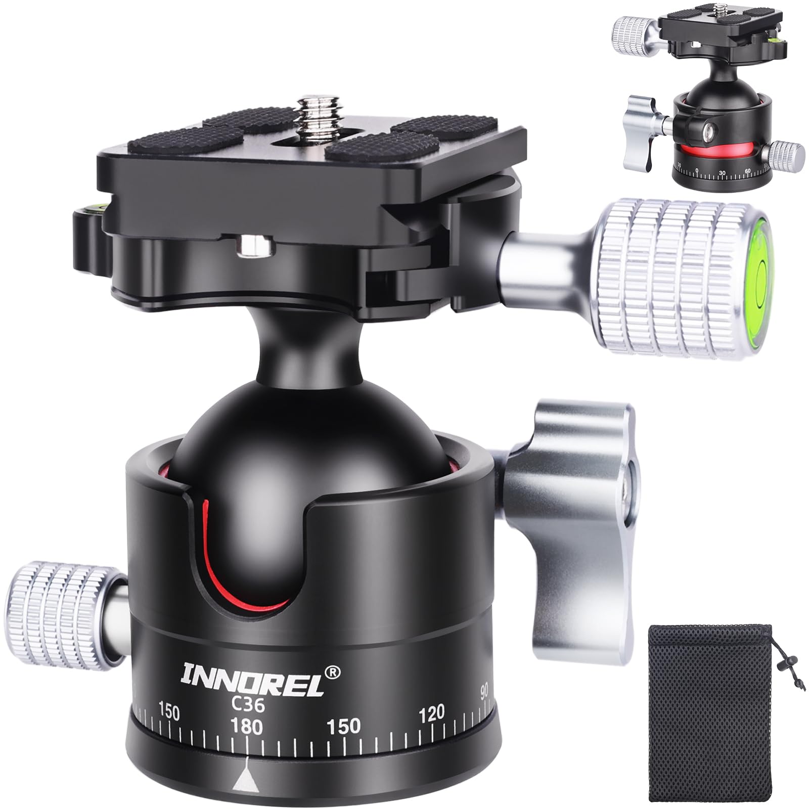 INNOREL C36 Low Profile Tripod Ball Head Universal 360 Panoramic Metal BallHead for DSLR Camera Tripod Monopod Camcorder Slider with Arca Swiss Plate 36mm Ball with 1/4" to 3/8" Screw Load 35lb/16kg
