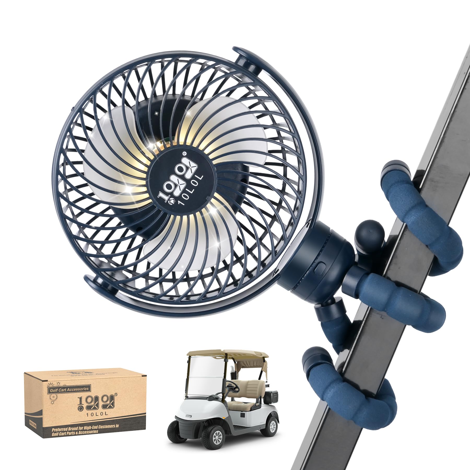 Photo 1 of 10L0L Golf Cart Fan Rechargeable with Flexible Tripod Mount - 8000mAh Battery Operated Portable Fan 360° Rotatable Head, Fits for Yamaha/EZGO/Club Car Golf Cart with LED Light