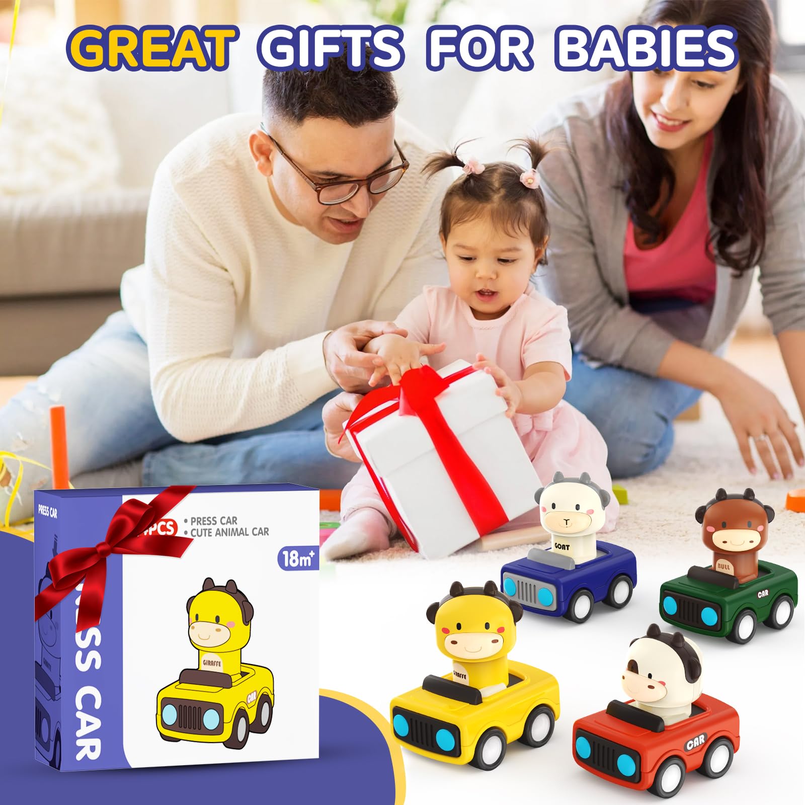 MOONTOY Auto Spielzeug ab 1 Jahr Jungen und Mädchen,4 Stück Spielzeugauto Baby-Tier-Rennwagen,Press-and-Go Spielfahrzeug Set für Kleinkinder 10 12 18 Monate,Geschenk für Kinder ab 1 2 3 Jahr 7