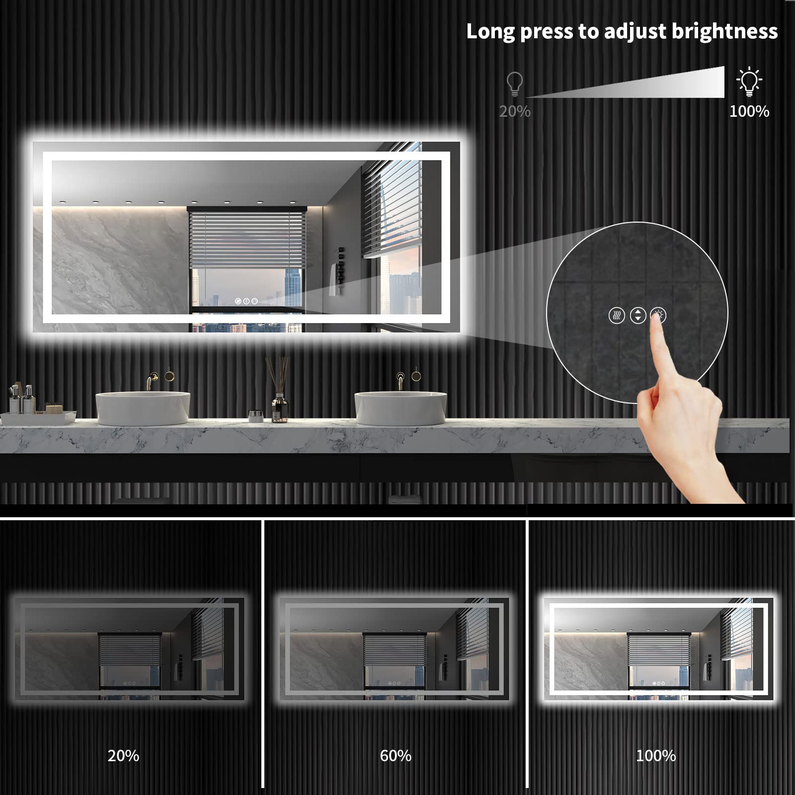 LOAAO 72X32 LED Bathroom Mirror with Lights, Anti-Fog, Dimmable, Backlit + Front Lit, Lighted Bathroom Vanity Mirror for Wall, Shatter-Proof, Memory Function, ETL Listed