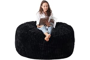 Cansunna Bean Bag Chairs, 5' Memory Foam BeanBag Chair with Filling for Adults, Soft Round Lazy Sofa with Faux Rabbit Fur Cover for Living Room Bedroom College Dorm (Black, 5FT)