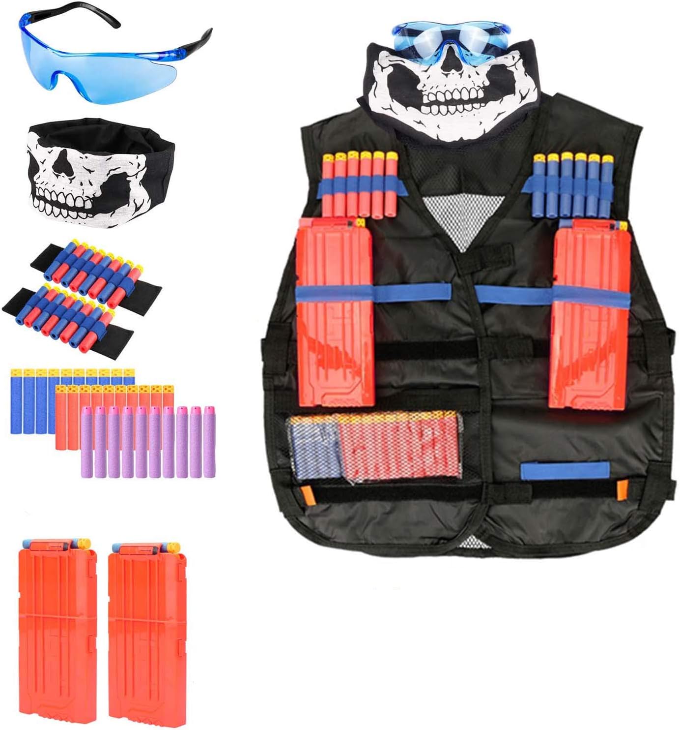 Kids Tactical Vest Kit for Nerf Guns N-Strike Elite Series Gun Wars Accessories with Refill Darts, Reload Clips, Tactical Mask, Wrist Band and Protective Glasses for Boys/Girls Nerf Party Supplies