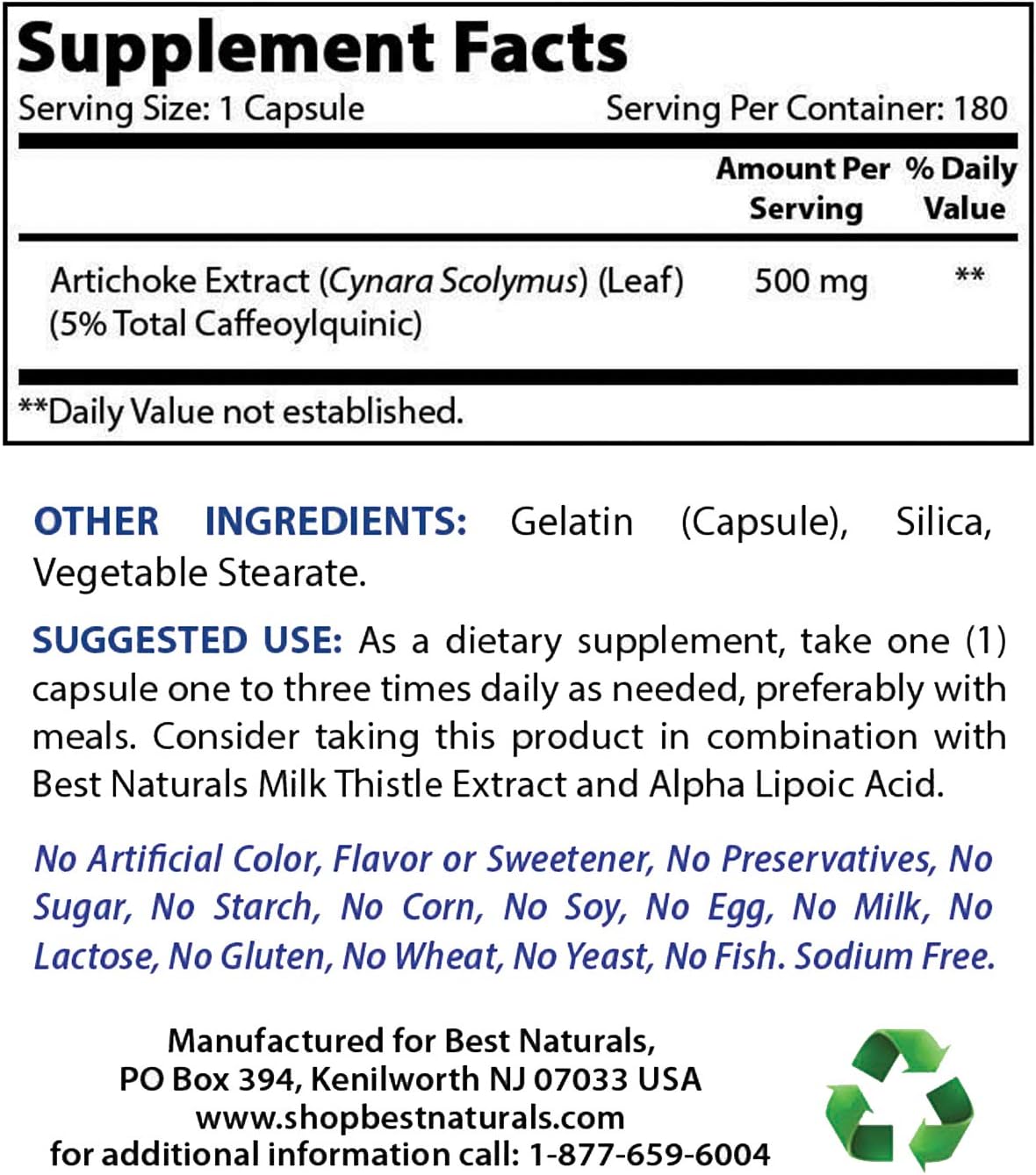 Best Naturals Artichoke Extract 500 mg 180Capsule (180 Count (Pack of 1)) - Image 3