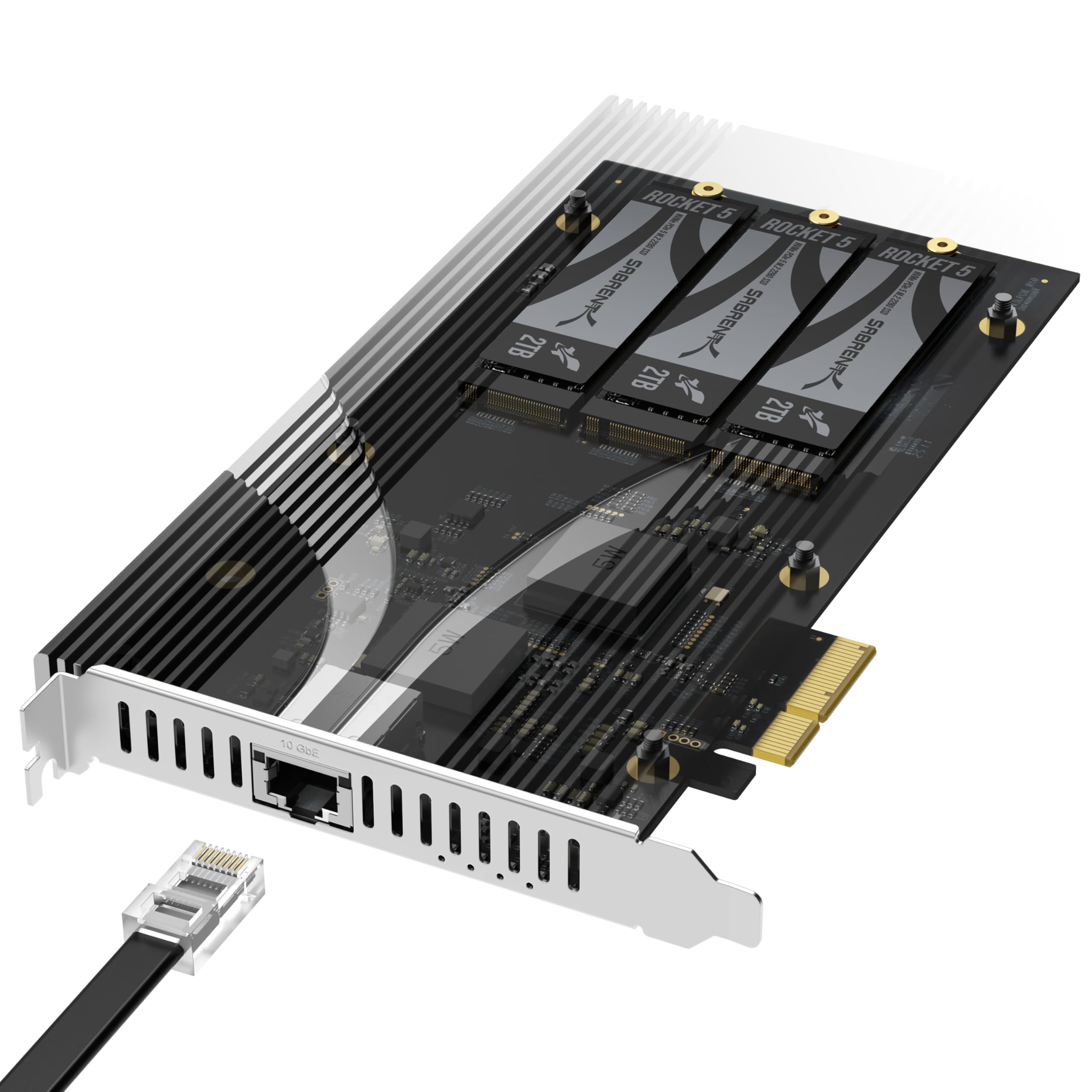 SABRENT PCIe 3.0 x4 Add-in Card with 10GbE and 3X M.2 NVMe SSD Slots, Tool-Free Aluminum Heatsink, Supports 2230/2242/2260/2280, No Bifurcation Required, NAS/Server/PC Compatible (EC-PM2L) Image