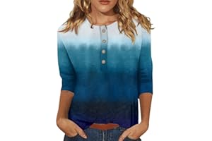 AMOBER Women's 2024 Summer Henley V Neck Button Up Tunic Ladies Loose Fit Tops Flowy 3/4 Sleeve Basic Blouse Tops