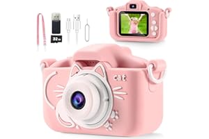 AOGELI Kids Camera, 2 Lens Selfie Camera for Kids, HD Video Digital Camera for Girls, 3 4 5 6 7 8 9 Year Old Girl Christmas Birthday Gifts,Toddler Camera Toys with 32GB Card Pink