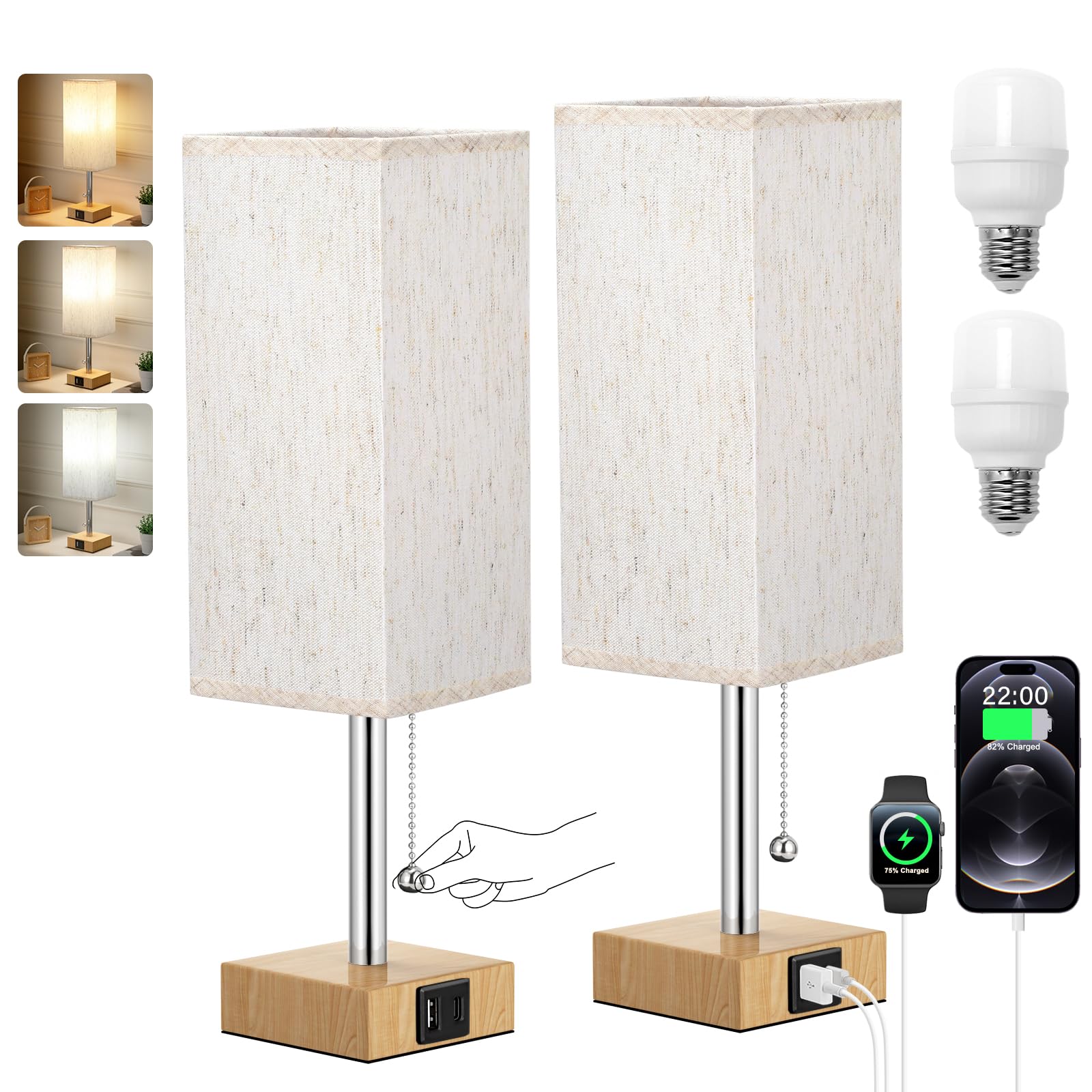 aooshine Wood Grain Bedside Table Lamps Set of 2 - Bedroom Lamps with 3 Color Temperatures (3000K/5000K/4000K), Square Nightstand Lamp with USB C + A Charging Ports Image