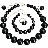HWJQ White Faux Pearl Necklace and Earrings Set Big Large Pearl Bead Ball Beaded Choker Necklace Black Pink Pearls Statement Bracelet Ring for Women
