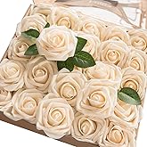 Ling's moment Artificial Flowers 25Pcs Cream Roses Decor w/Stems,3" Real Touch DIY Foam Floral for Wedding Bouquet/Centerpieces, Outdoors Party Backdrop, Room/Table, and Garden/Pot Decorations