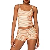 Women Fashion Striped 2 Piece Lounge Set Camisole Crop Top and Fold Over Shorts Pajama Sets Streetwear