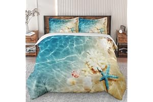 WeCozy Duvet Cover Set Twin Size, Summer Seashell Beach Bedding Set with Zipper Closure for Kids and Adults, Blue Sea Shell Animal Duvet Cover with Pillowcase for Bedroom Bed Decor