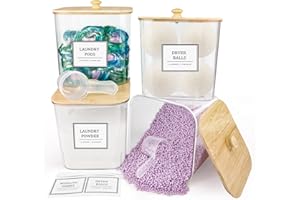 HomePekite 4 Pack Laundry Pods Container,Laundry Room Organization and Storage Containers with Bamboo Lids & Labels Large Laundry Detergent Container for Powder,Scent Booster,Pods,Dryer Ball