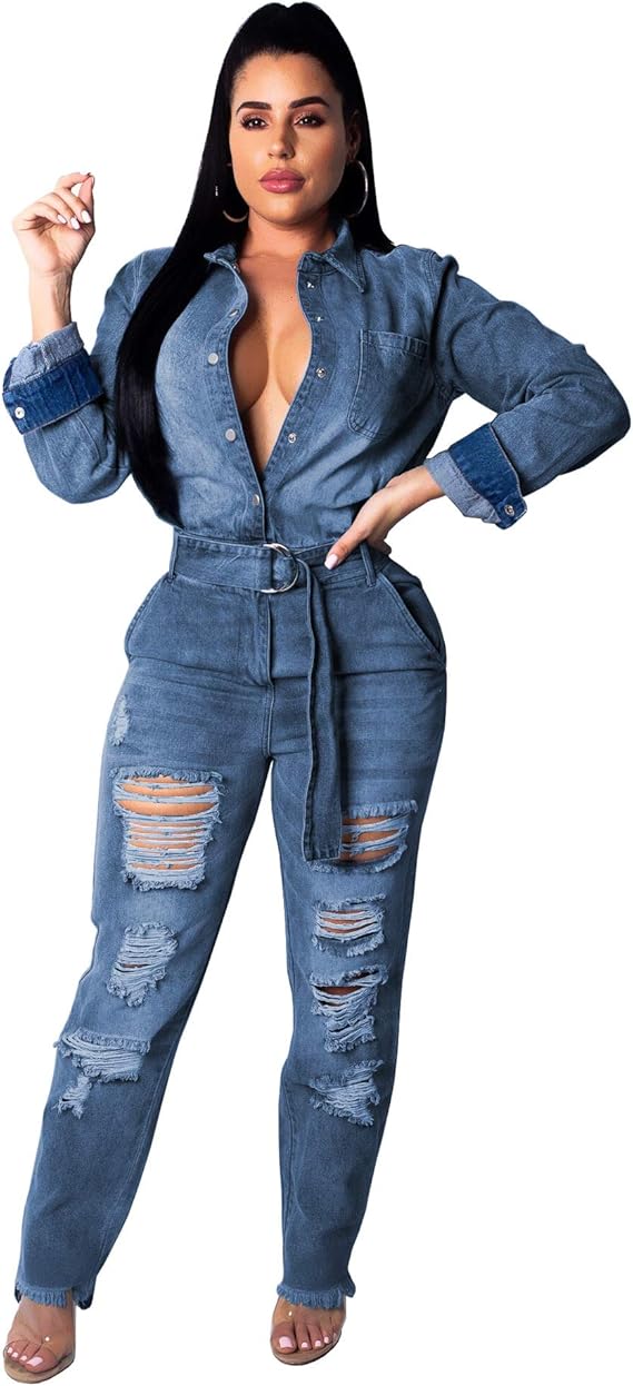 Keepmoving Women's Jeans, Jumpsuit, Long Sleeve, Denim Pant Suit, Jeans