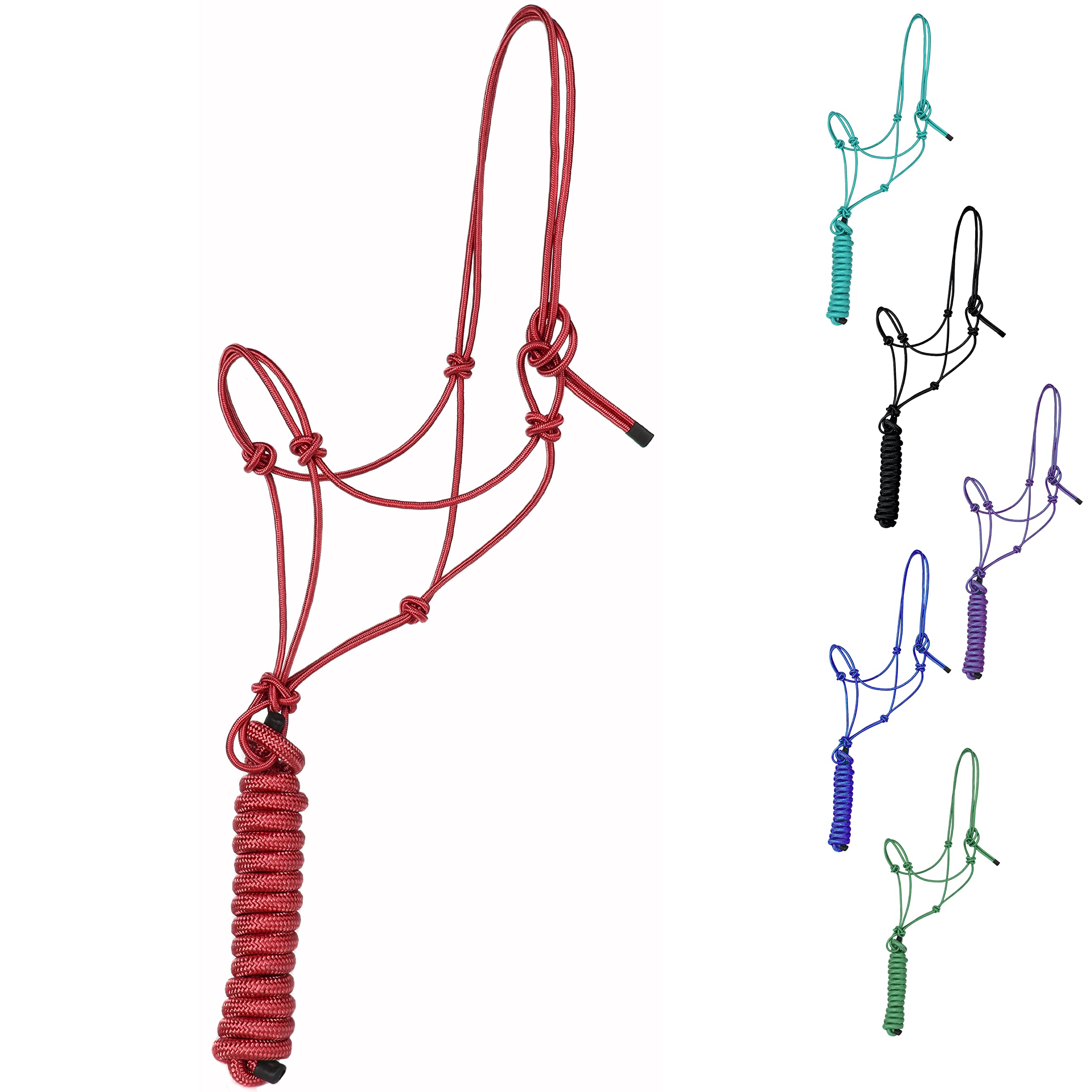 Majestic Ally 1/4" Rope 4 knot Stiff Polyester Training Halter with 10’ Matching Lead Rope for Horses – Full (Red, Full)