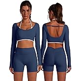 ABOCIW Workout Sets for Women Long Sleeve Layers Crop Top High Waist Biker Shorts with Pocket 2 Piece Yoga Outfits