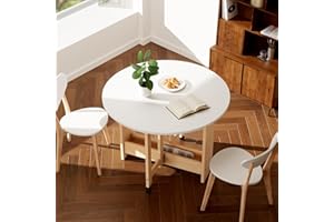 Kasshom Round Drop-Leaf Folding Dining Table, Multifunctional Convertible pace Saving Extendable Table with Storage Box and Wheels, for Kitchen/Farmhouse/Living Room, S White