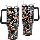 Nqhsionv Fox Tumbler 40oz Cute Foxes Theme Watercolor Flowers Cups Coffee Travel Mugs Insulated Cup with Handle and Straw Water Bottle Fall Winter Decor Gifts for Women