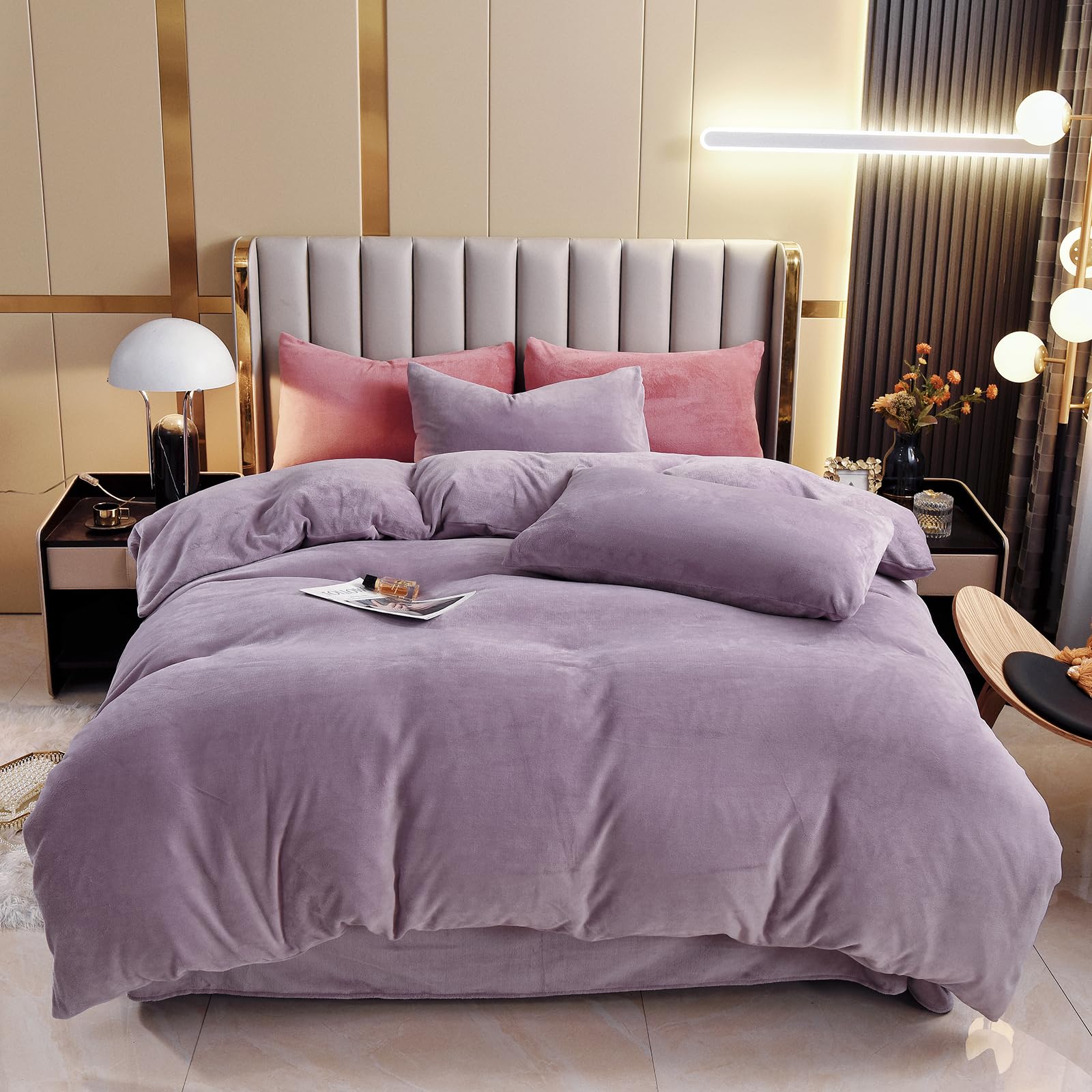 ZIQINPSQ Velvet Duvet Cover Set,Solid Flannel Comforter Cover 2Pcs Ultra Soft Fuzzy Cover with Zipper Closure Corner Tie. (Lavender, Single)
