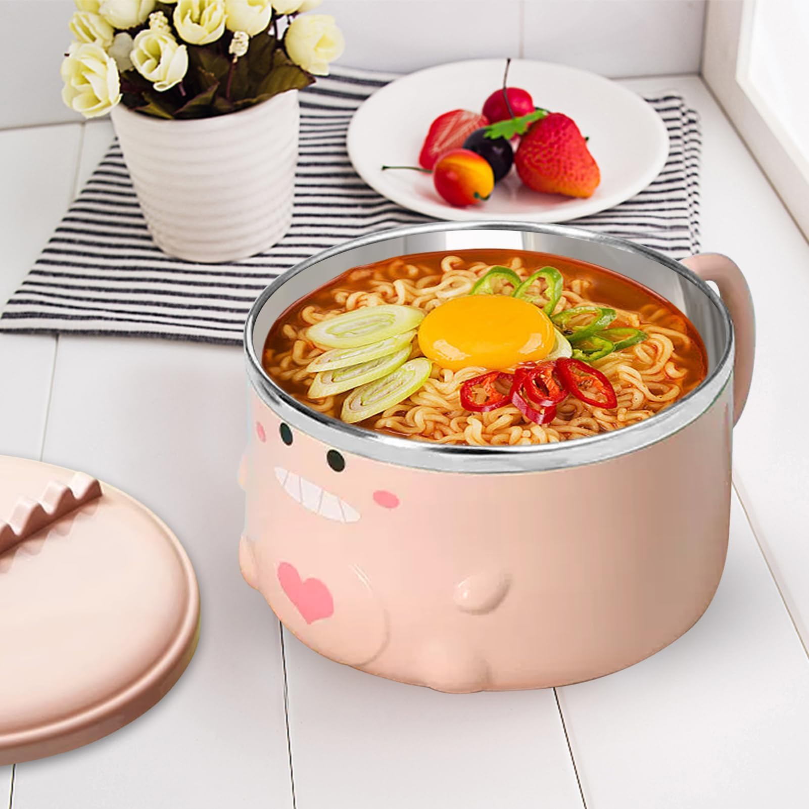 HERCHR Ramen Bowl with Handle and Lid Stainless Steel Noodle Bowl Cartoon Cute Dinosaur Ramen Cooker Soupbowl with Handle Cerealbowl Pastabowl for Office College Dorm