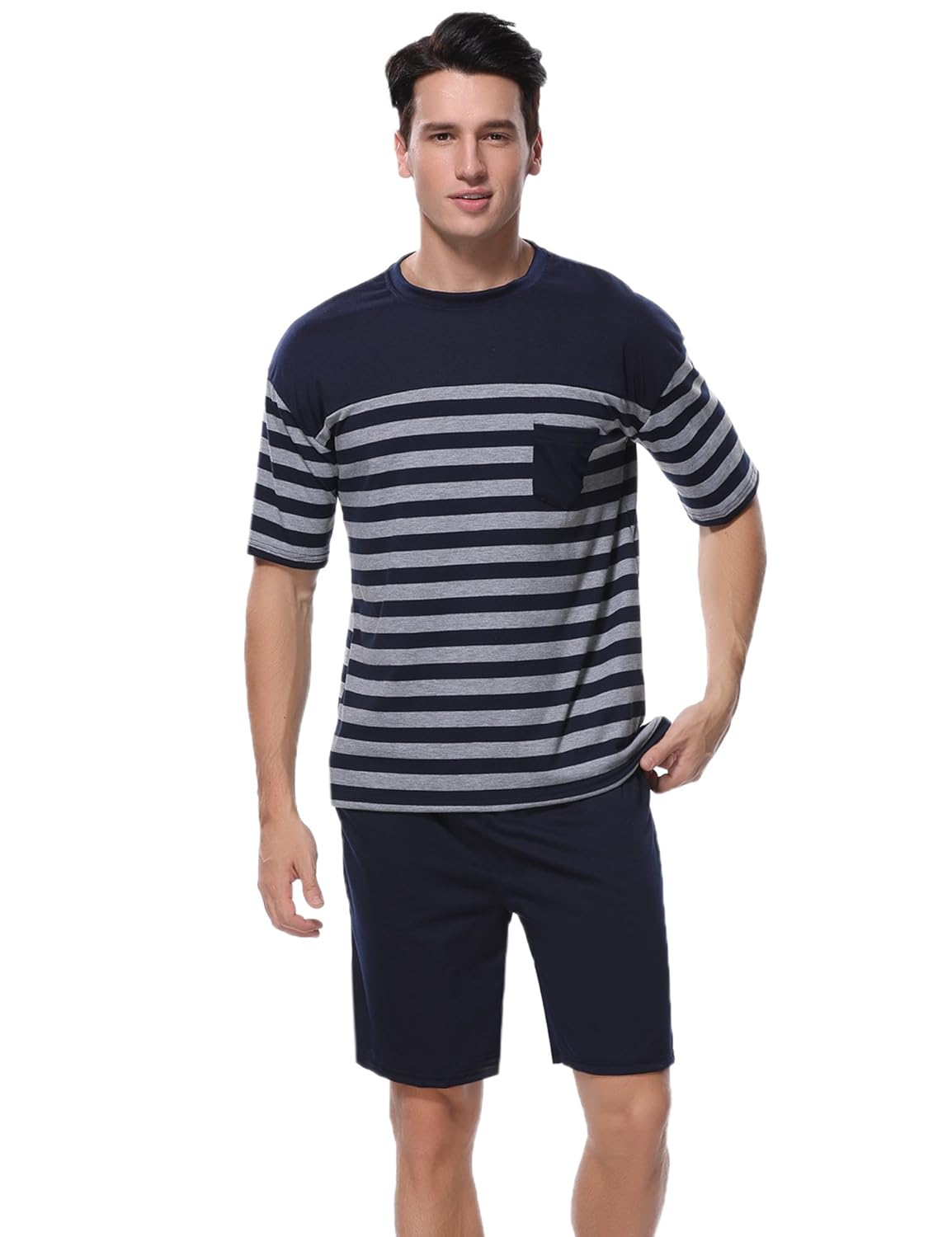 Aiboria Men’s Short Pajama Set Cotton Summer Sleepwear Soft Striped