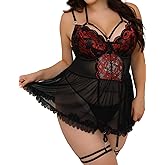 CHALOVELO Plus Size Lingerie for Women Ruffle Babydoll Plus Lingerie Set Sexy Lace Women's Lingerie Nightgowns With Stockings