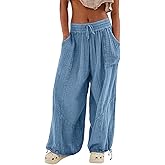 utcoco Womens Casual Loose Fit Wide Leg Cotton Pants Drawstring Stitching Baggy Pants Trousers with Pockets