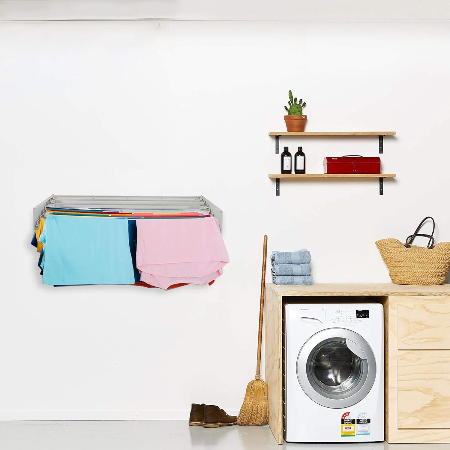 20 Linear Ft Step Up Laundry Drying Rack 60lbs Capacity Wall Mounted Retractable Clothes Drying Rack Collapsible Folding Indoor Or Outdoor Wood Look Space Saver Compact Sleek Design Drying Racks Home