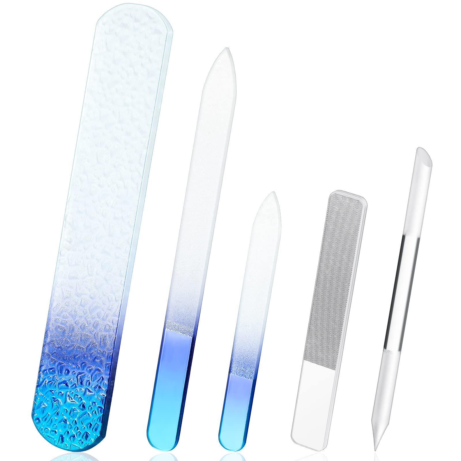 Photo 1 of Lanties 5 Pcs Glass Nail File Set Callus Remover Foot Rasp Manicure Tool Include 2 Crystal Glass Nail and 1 Foot File 1 Cuticle Pusher One Nano Shiner Buffer Polisher for Beauty