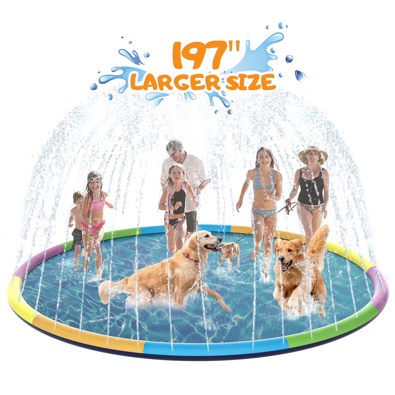 Photo 1 of 16FT Toffos Large Splash Pad, Sprinkler for Dogs and Kids, 0.5mm Thickened Durable and Foldable Large Pool, Colorful Summer Outdoor Water Play Mat Toys for Toddlers and Dogs (16 FT/197 in)