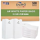 Duro 6# White Paper Lunch Bags 500-Count, Bulk Disposable Paper Lunch Sacks, Small SOS Bags for Popcorn, Candy, Snacks & Treats - 6.00 x3.62 x 11.06 Inches