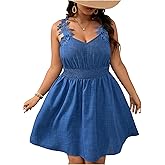 WDIRARA Women's Plus Size Lace Appliques A Line Short Sundress Smocked V Neck Sleeveless Tank Dress